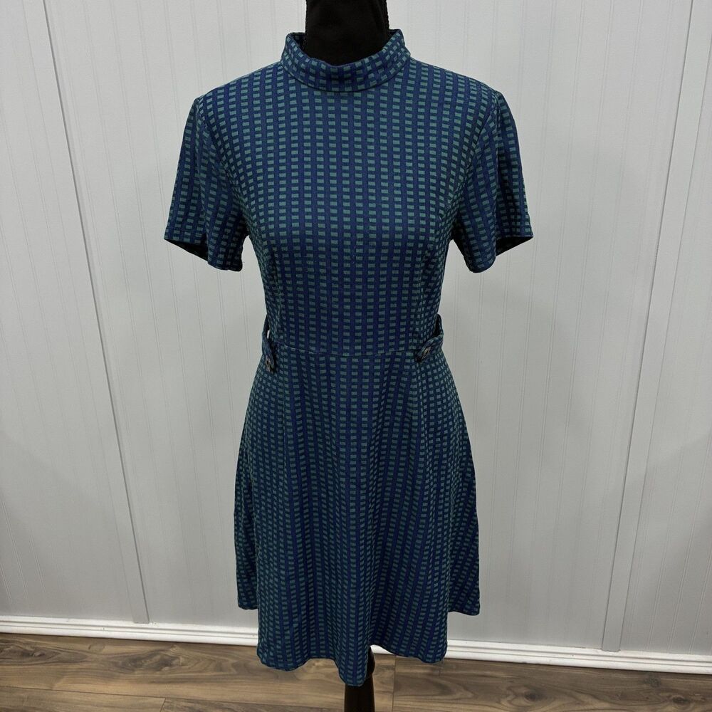 MODCLOTH Blue Green Geo Print Mock Neck Short Sleeve Shift Dress Size L